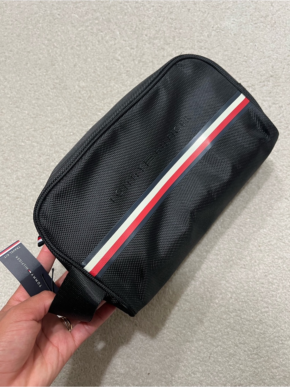 Tommy Hilfiger Black Toiletry Bag with Red-White-Blue Stripe
